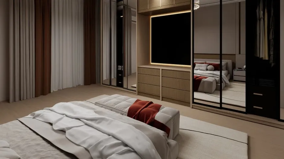 Bedroom furniture arranged around a bed in a modern Calgary bedroom