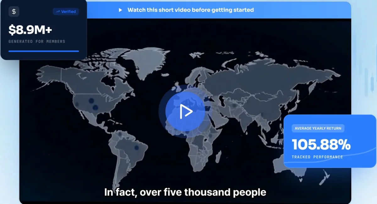 Software dashboard mockup overlapping with graphic elements: a globe with a digital eye, profit metrics showing '+$14,284.50', and performance charts with a dark tech theme.