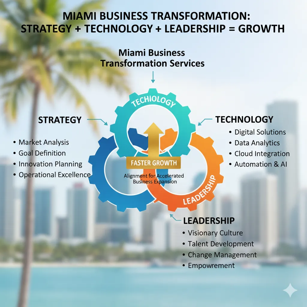 "Unlock rapid growth for your business in Miami. Our transformation service aligns strategy, cutting-edge technology, and strong leadership to drive innovation, efficiency, and sustainable expansion. Optimize your operations today!"