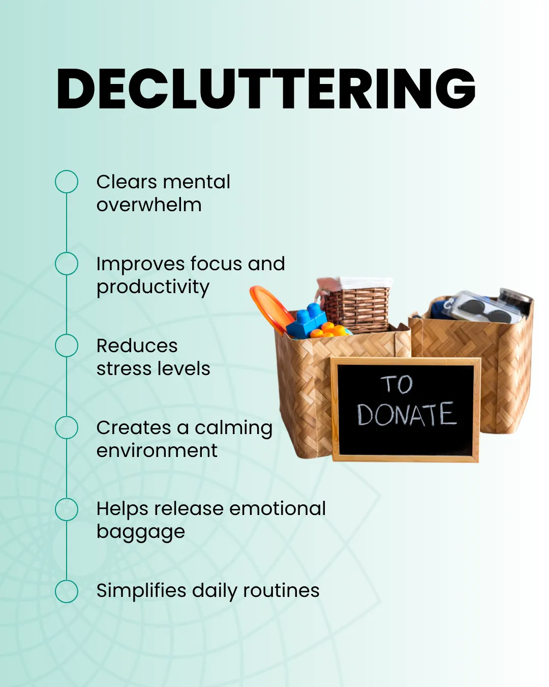 A basket labeled 'To Donate' surrounded by items, illustrating decluttering benefits.