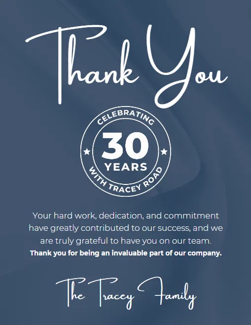 Employee appreciation card celebrating 30 years with a company. The design features a large "Thank You" in elegant script, a circular emblem for the 30-year milestone, and a heartfelt message on a soft blue background. The card reflects Axe & Pail's expertise in creating professional and meaningful recognition designs.