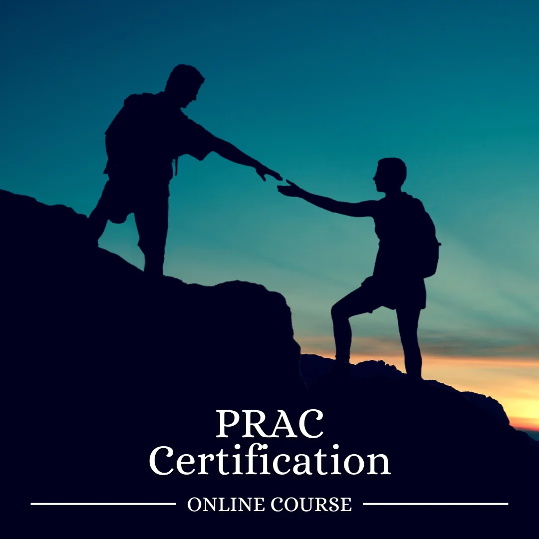 Title card for the PRAC Certification online course, featuring a silhouette of two hikers reaching out to help each other against a twilight sky, symbolizing support and guidance. This design highlights Axe & Pail’s ability to convey mentorship and empowerment through visual storytelling for educational programs.