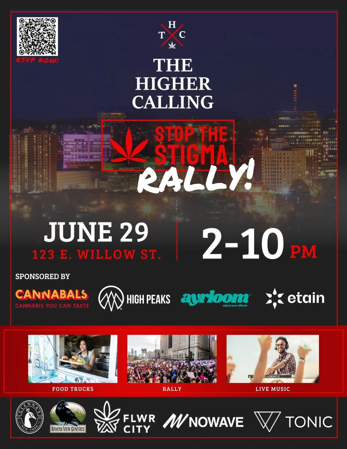 Event invitation design for The Higher Calling's "Stop the Stigma Rally" on June 29. The layout features bold, contrasting typography with cityscape imagery, sponsor logos, and images of event highlights like food trucks, a rally crowd, and live music, showcasing Axe & Pail’s dynamic design for event promotions.