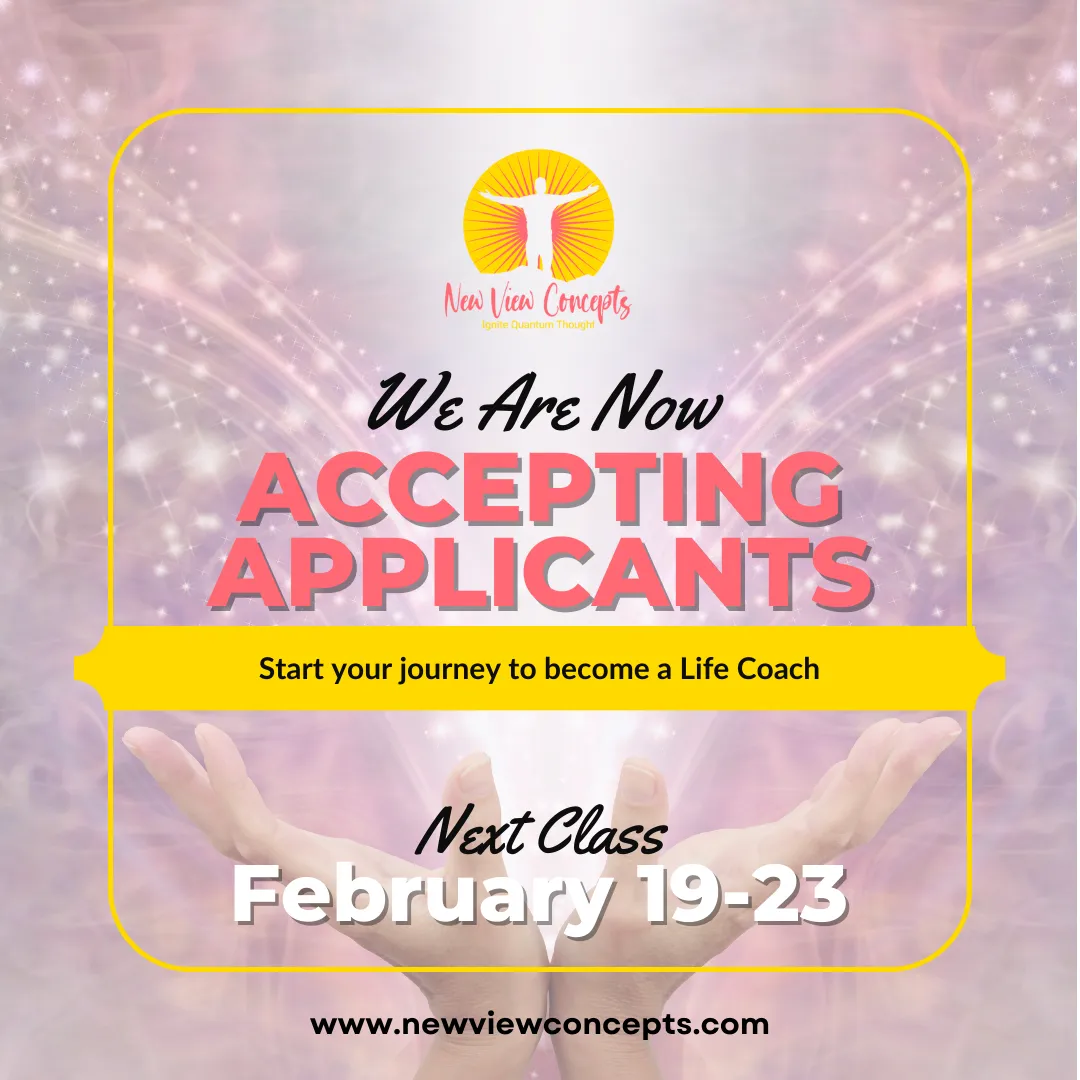 Social media graphic design promoting a life coaching program. The design features a soft, ethereal background with pastel hues, a centered logo, and bold typography announcing "Accepting Applicants." Hands at the bottom add a welcoming touch, showcasing Axe & Pail's skill in creating visually inviting and inspirational promotional graphics.