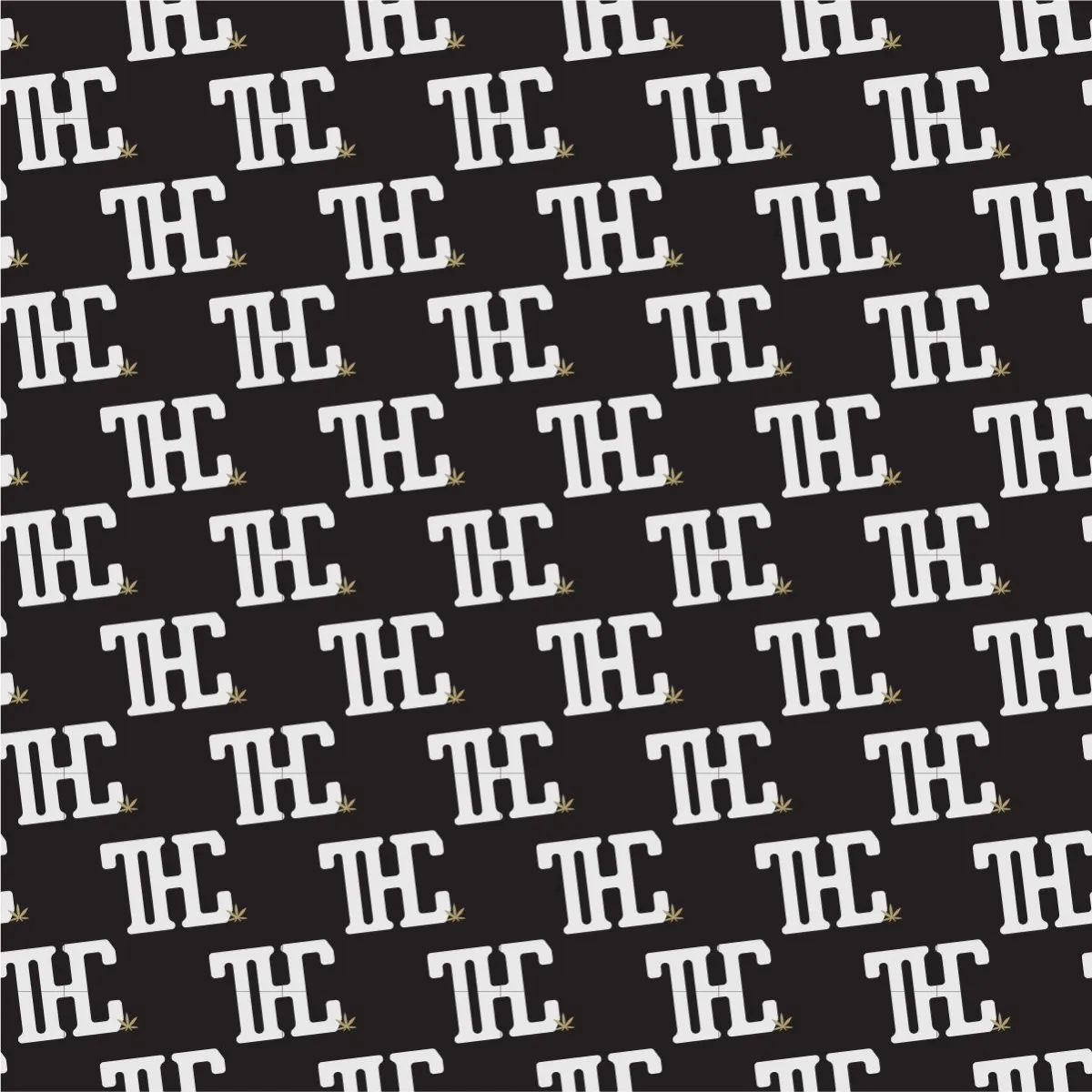 Branded pattern design featuring the "THC" logo for The Higher Co., with repeating initials and a subtle cannabis leaf accent on a black background. This pattern highlights Axe & Pail's expertise in creating cohesive brand elements for versatile applications.