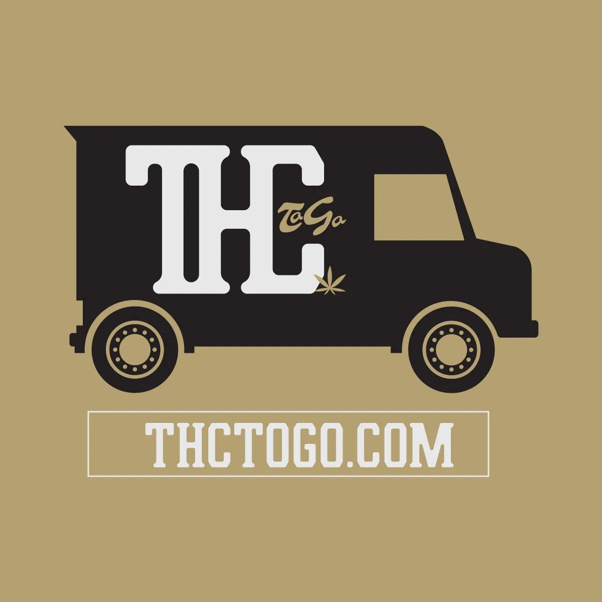 Logo design for THC To Go, featuring the "THC" initials on a silhouette of a delivery truck with a cannabis leaf accent. The background is a solid tan color, and the design includes the website "thctogo.com." This image demonstrates Axe & Pail’s ability to create branded icons for mobile services and delivery branding.