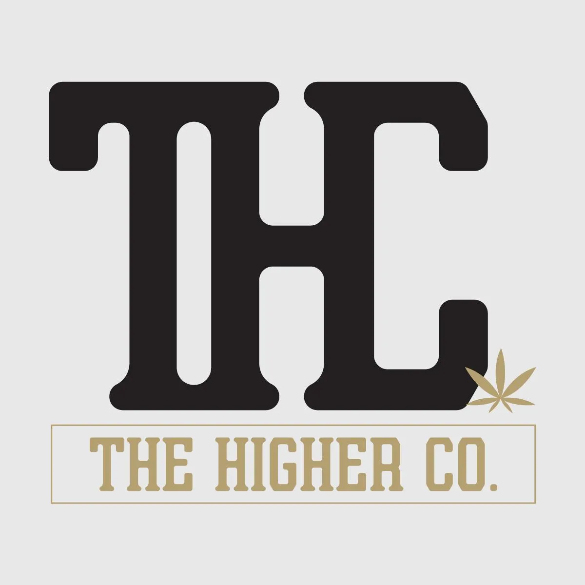 Logo design for "The Higher Co." featuring bold, stylized "THC" initials with a subtle cannabis leaf accent, representing the brand’s focus on cannabis culture. The design showcases Axe & Pail's skill in creating strong, recognizable brand identities.