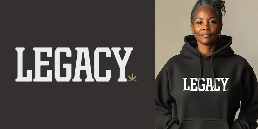 Hoodie design for The Higher Calling featuring the word "Legacy" in bold, collegiate-style typography with a subtle cannabis leaf accent. The design is modeled by a confident woman, emphasizing strength and heritage, and showcasing Axe & Pail's ability to create stylish and meaningful apparel designs.