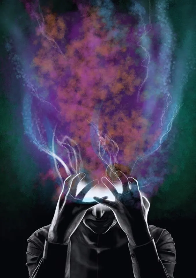 Digital illustration inspired by the Marvel Comics character Legion, depicting a figure with hands at their head, releasing a colorful, chaotic burst of energy. The swirling hues of purple, orange, and blue evoke a sense of mental power and intensity, showcasing Drake Nix’s skill in creating dynamic and surreal imagery.