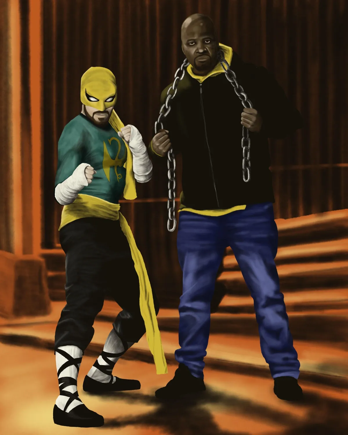 Digital illustration of cosplayers dressed as Marvel characters Iron Fist and Luke Cage, showcasing Drake Nix’s skill in capturing both costume details and character expressions. Iron Fist stands in a martial arts pose, wearing a green and yellow outfit with hand wraps, while Luke Cage poses confidently with chains draped over his shoulders, wearing a hoodie and jeans. The background hints at an urban setting with warm tones and shadowy textures, emphasizing the duo’s strength and iconic partnership in Marvel lore.