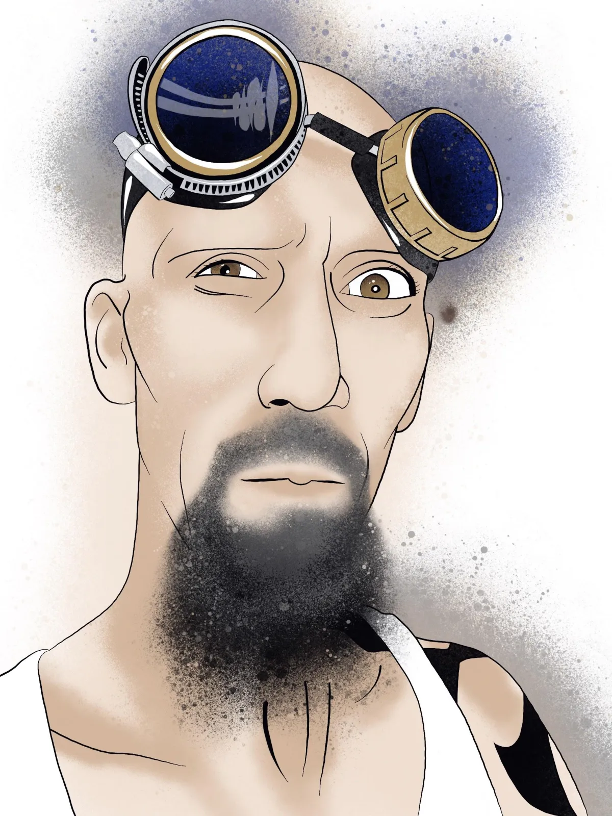 Digital illustration of a man with a bald head and a thick goatee, wearing steampunk-style goggles resting on his forehead. The goggles have metallic details with blue lenses, adding a futuristic or industrial vibe to his appearance. His expression is serious and inquisitive, with strong, defined lines that capture his facial features. The background is softly textured, contrasting with the sharp, graphic linework on the subject, creating an engaging portrait that blends realism with stylized elements. This piece reflects Drake Nix's attention to unique character details.