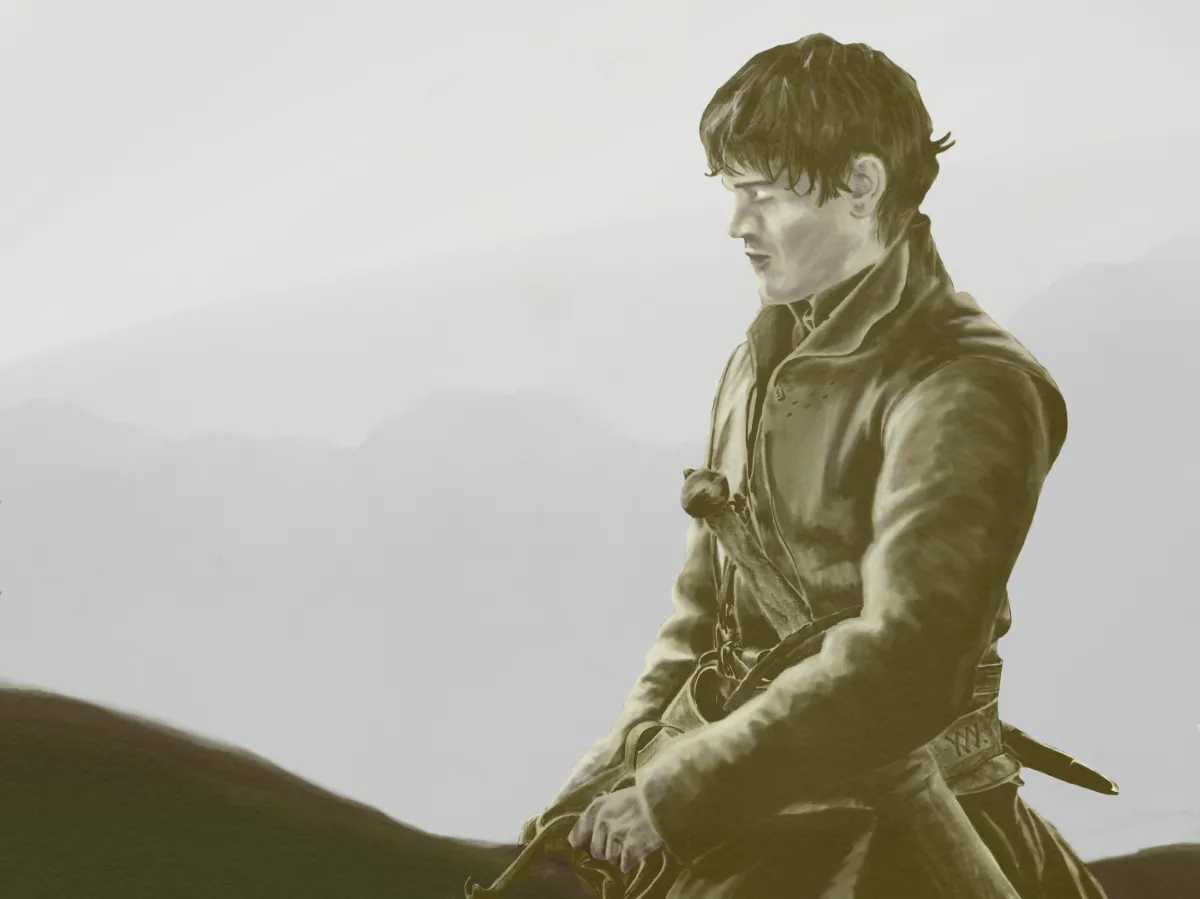 Digital illustration of Ramsay Bolton from Game of Thrones, depicted in a muted, somber palette. He is shown in profile, dressed in a worn coat with a stern, contemplative expression, set against a foggy, mountainous background. The subdued tones and detailed shading capture a brooding atmosphere, showcasing Drake Nix’s skill in character illustration.