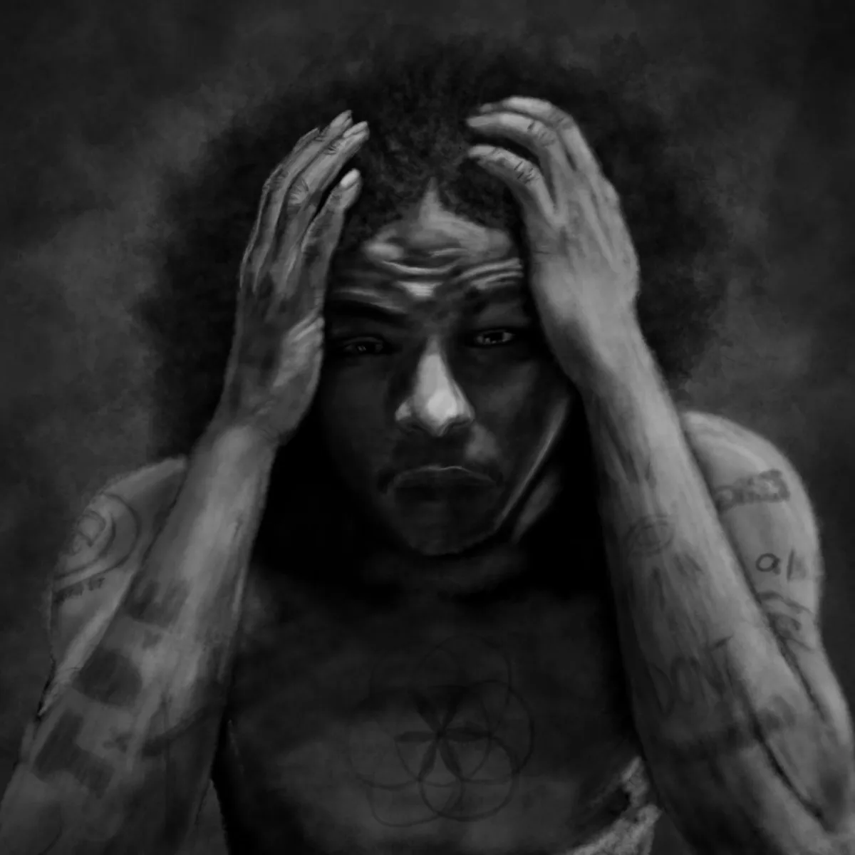 Monochromatic digital illustration of rapper Ab-Soul with hands on his head, conveying a sense of introspection and struggle. The dark, moody tones and detailed shading capture emotional depth, highlighting Drake Nix’s expertise in expressive portrait illustration.