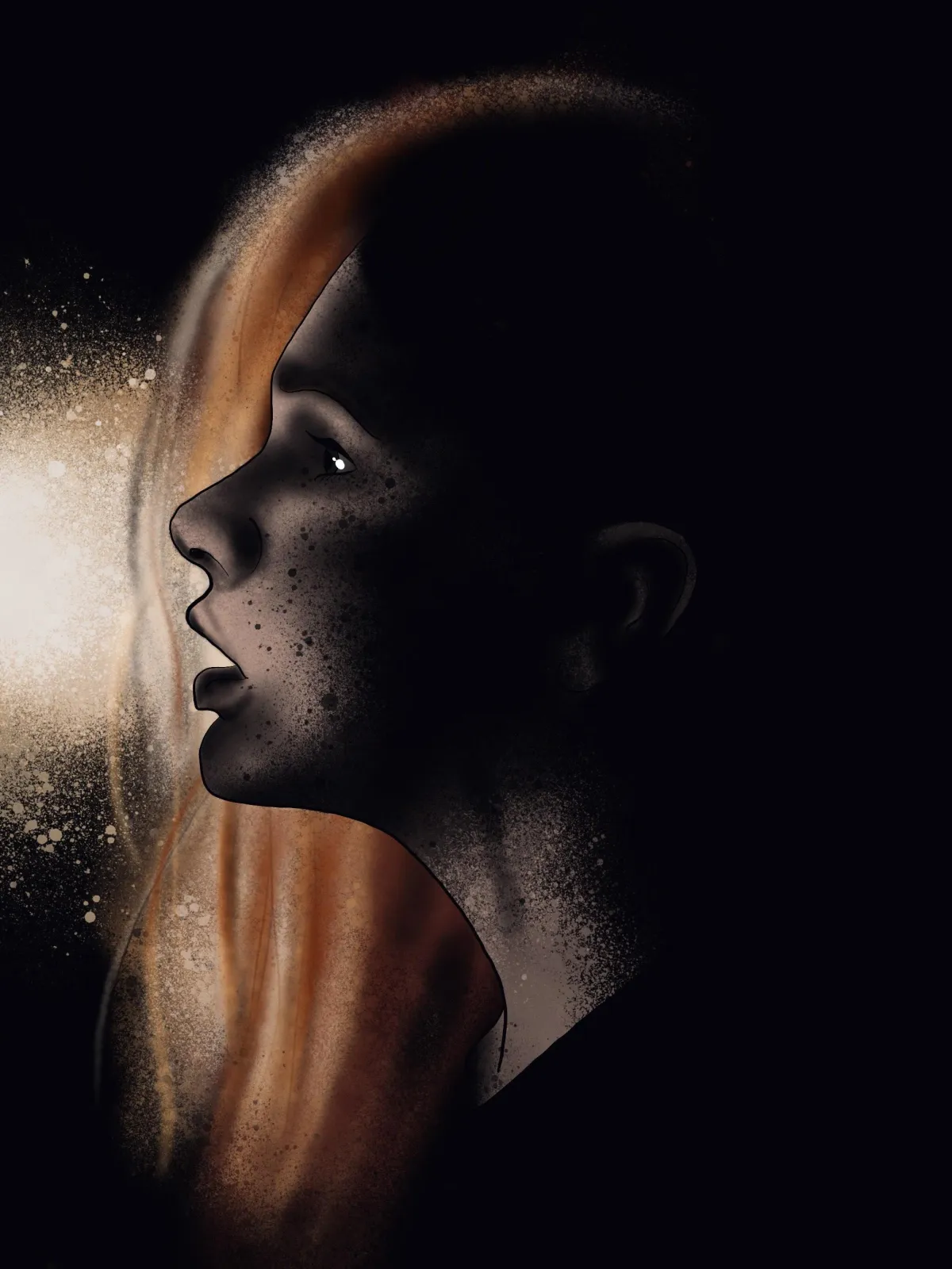 A dramatic digital illustration featuring a close-up profile view of a woman's face, set against a dark background. The face is partially illuminated from the side, casting soft light that reveals delicate details of her features, including her nose, lips, and a single visible eye looking forward. Her face has a textured, speckled effect, adding a mysterious quality to the image. Her hair, highlighted by a warm, soft glow, frames her face in shades of amber and brown, contrasting with the dark shadows that envelop her. The image evokes a sense of introspection and quiet strength.