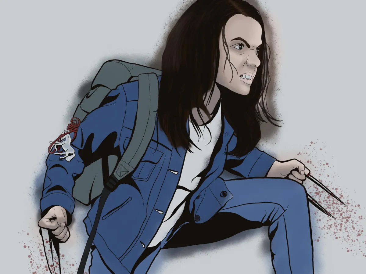 Digital illustration of X-23, a character from Marvel Comics, captured in an intense and action-ready stance. She’s dressed in a blue outfit with a matching jacket, emphasizing her rugged and determined look. A backpack rests on her shoulders, and her fists are clenched, with claws extended from each hand, reminiscent of Wolverine’s iconic weaponry. Her expression is fierce, with gritted teeth and a focused glare, suggesting readiness for combat. A small white figurine is tied to her arm with red string, adding a personal touch to her outfit. The background is a light gray, allowing her figure and colors to stand out.