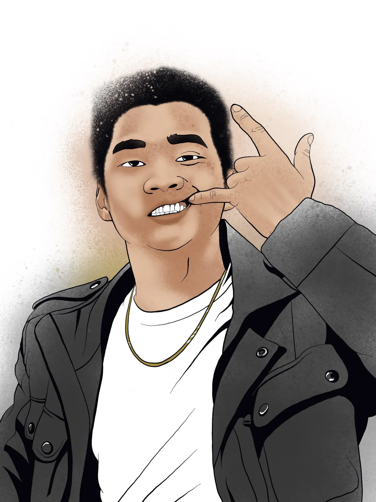 Digital illustration of a young man striking a playful pose, pulling his lip with one hand to reveal his teeth and gesturing with the other. He is dressed in a dark jacket layered over a white shirt, with a subtle gold chain around his neck. The artwork uses a stylized, bold linework with a soft gradient background, showcasing Drake Nix’s approach to capturing personality and expression. The piece emphasizes the subject's confident and carefree attitude.