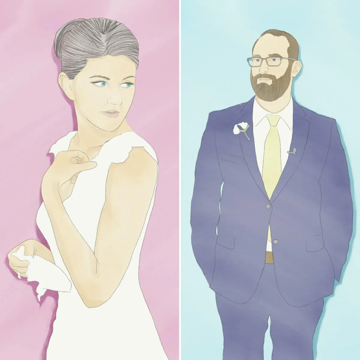 A pastel illustration of a bride and groom on their wedding day, with the bride holding a tissue and the groom standing confidently, each against a soft background.