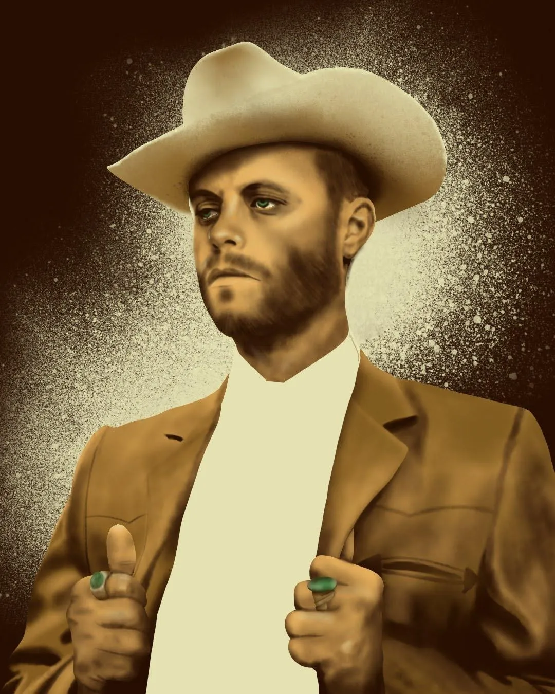 Digital illustration of musician Charlie Crockett wearing a cowboy hat and a suit, with a contemplative expression. The sepia-toned palette and textured background evoke a vintage, Western feel, showcasing Drake Nix’s skill in capturing personality and mood through digital portraiture.