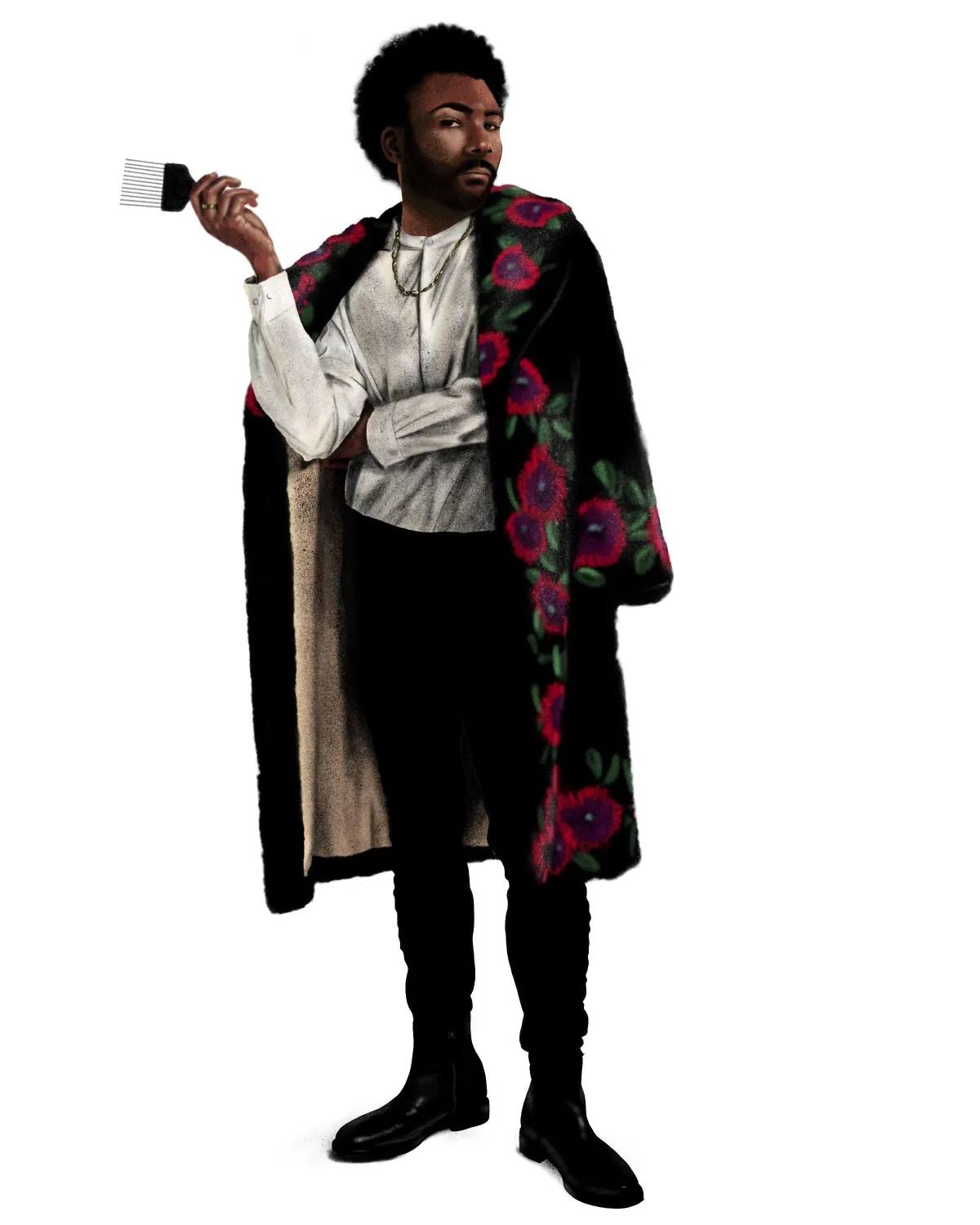 Digital illustration of musician Childish Gambino, dressed in a stylish outfit with a floral-embroidered coat draped over his shoulders, holding an afro pick with a confident expression. The detailed textures and bold style capture his unique personality, highlighting Drake Nix’s skill in expressive and fashion-forward portraiture.