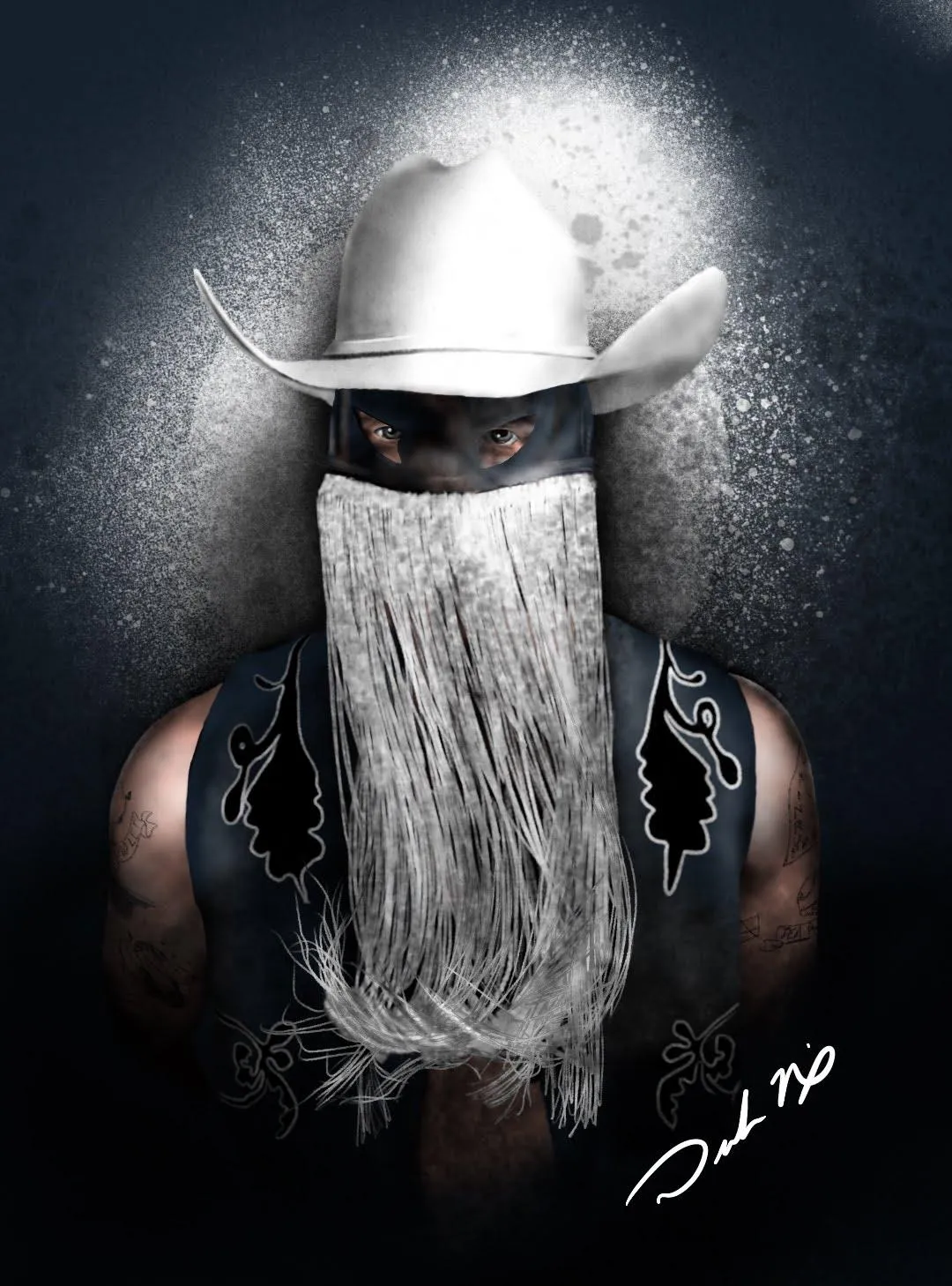 Digital illustration of musician Orville Peck, featuring his signature look with a wide-brimmed cowboy hat, fringed mask, and piercing gaze. The dark, textured background and detailed shading convey a mysterious and intense atmosphere, showcasing Drake Nix’s skill in capturing iconic style and character through digital portraiture.