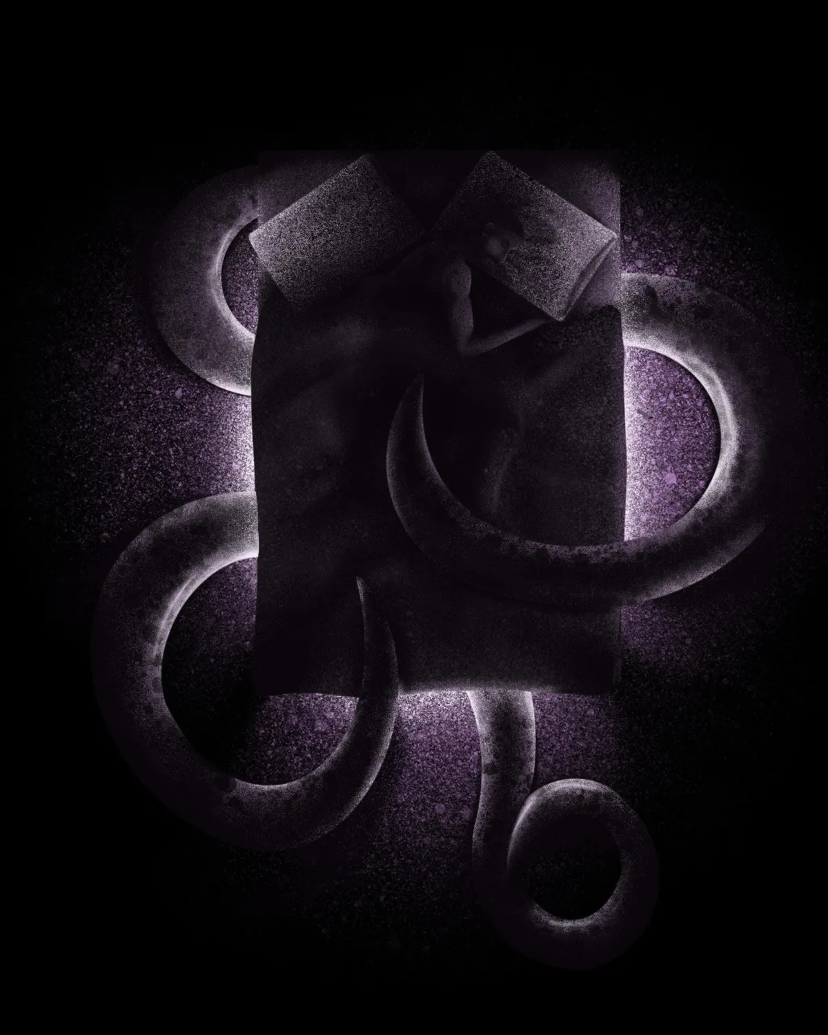 Dark, surreal digital illustration of a person sleeping in bed, with ominous tentacles curling around them. The purple and black tones create a haunting atmosphere, evoking a sense of vulnerability and unease. This conceptual piece showcases Drake Nix’s ability to convey emotion and mystery through imaginative and atmospheric artwork.