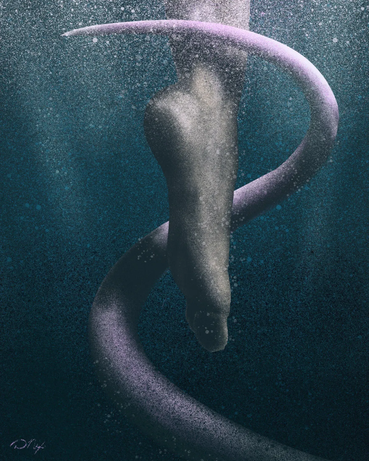 Abstract digital illustration of a foot being gently entwined by a tentacle, set against a dark, textured, underwater background. The mysterious tentacle adds an eerie element, evoking a sense of the unknown depths below and showcasing Drake Nix’s talent for creating atmospheric and suspenseful conceptual art.