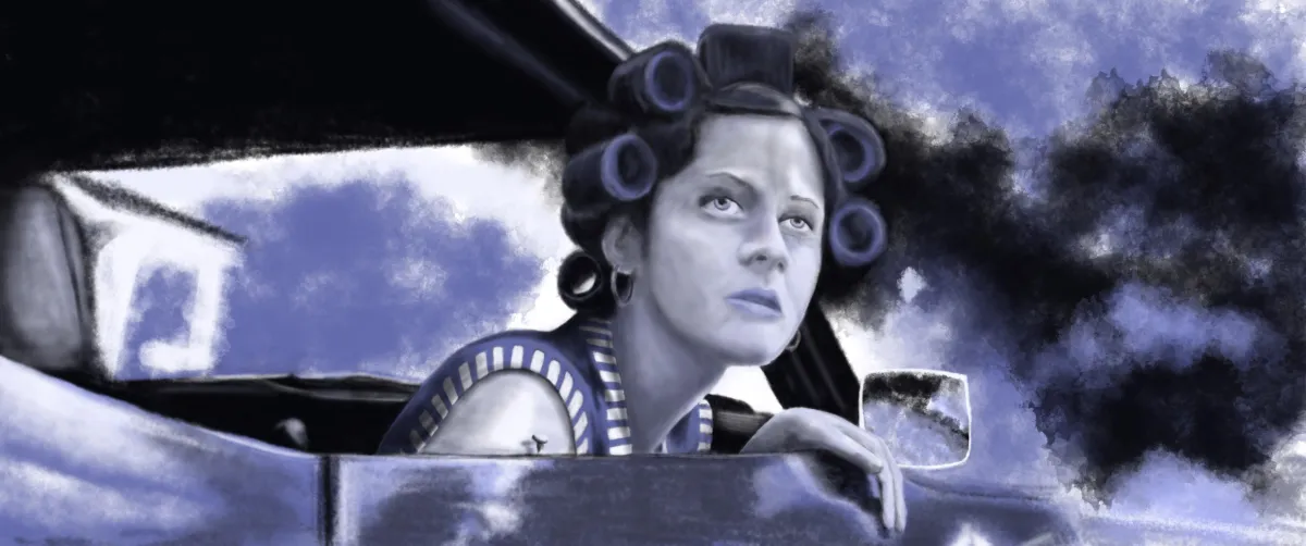 tylized digital illustration of actress Zooey Deschanel leaning out of a car window, with a pensive expression and hair in curlers. The limited color palette of blues and purples creates a nostalgic, dreamlike atmosphere, showcasing Drake Nix’s skill in capturing mood and personality through expressive portraiture.