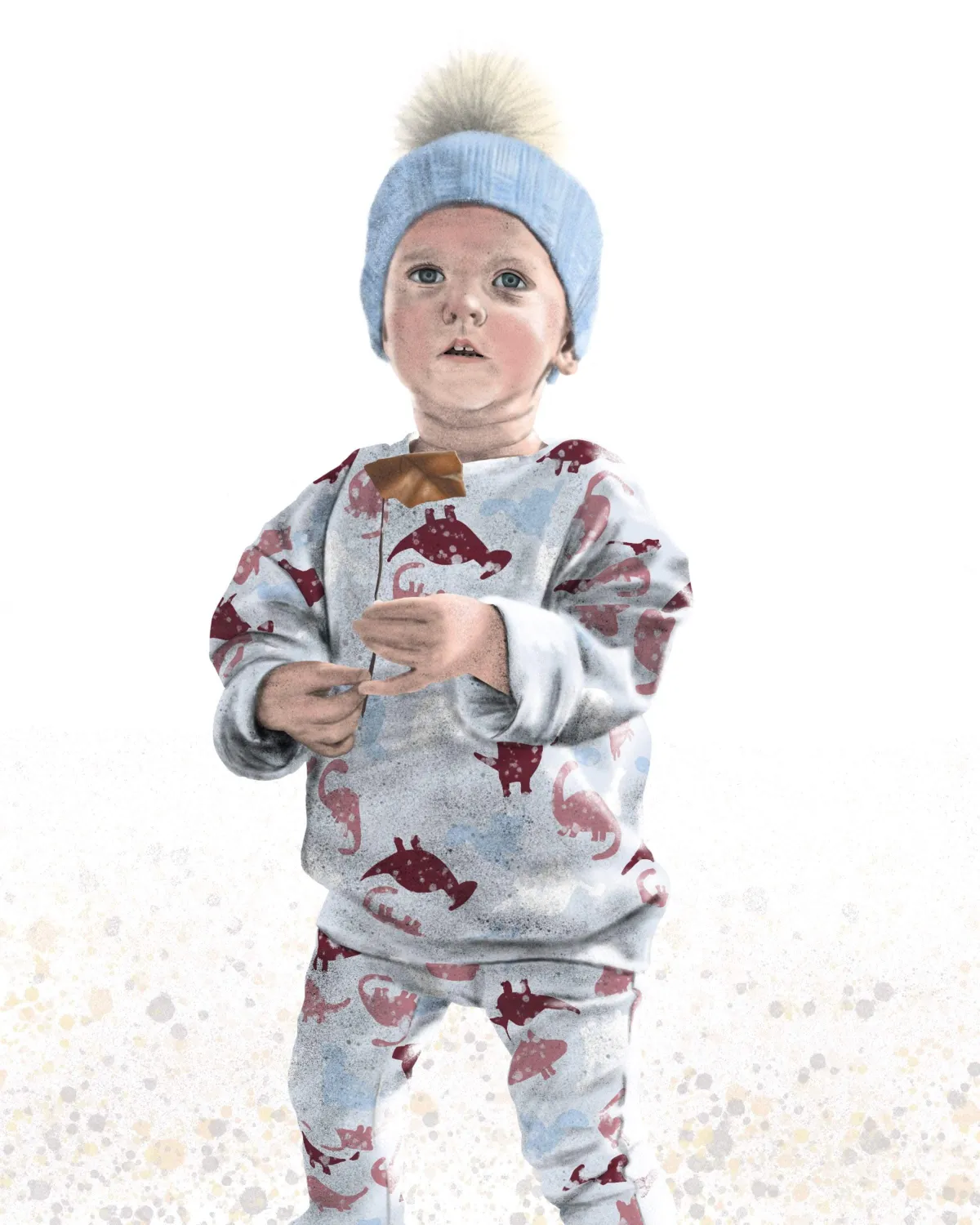 Detailed digital illustration of a young child wearing a cozy outfit with dinosaur patterns, a blue pom-pom beanie, and holding a caramel treat. The soft shading and delicate textures capture the innocence and curiosity of childhood, showcasing Drake Nix’s talent in realistic and endearing portraiture.