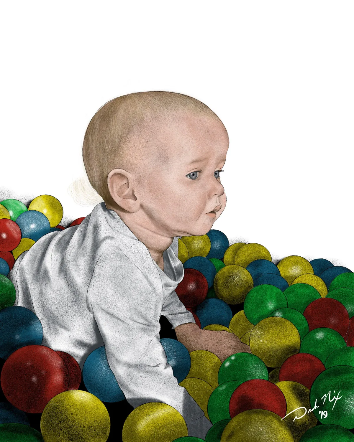  Digital illustration of a young child sitting among colorful plastic balls, commonly found in ball pits. The child has a gentle expression with a slightly contemplative look, captured in profile view. They are wearing a long-sleeved white shirt that contrasts with the vibrant array of red, green, blue, and yellow balls surrounding them. The artwork showcases detailed, realistic shading and soft textures, particularly in the child’s skin and clothing, with a subtle, clean white background.