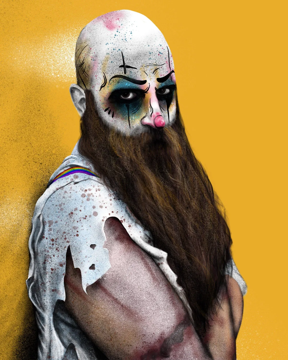 Digital illustration of a haunted house actor dressed as a clown with striking face paint, intense dark eyes, and a rugged beard. The character has a worn, blood-stained shirt with torn sleeves, set against a bold yellow background. The gritty textures and vivid colors capture a menacing yet captivating expression, highlighting Drake Nix’s talent in creating intense and unsettling character portraits.