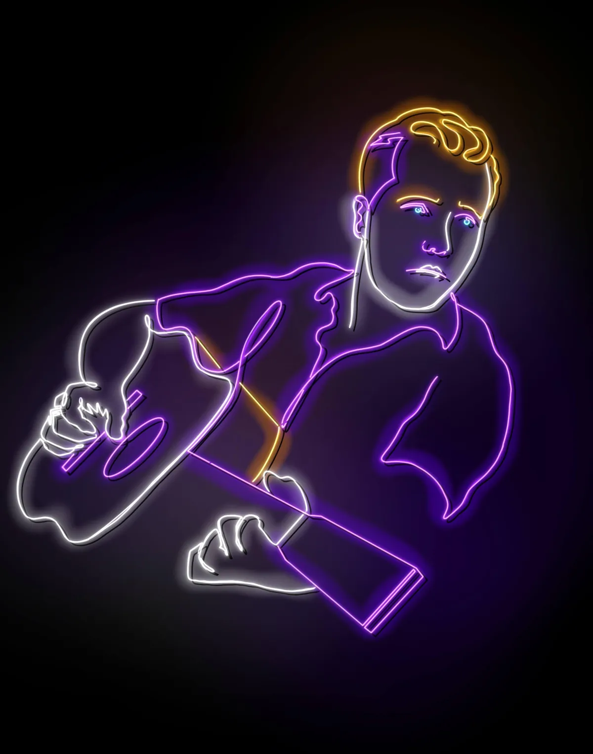 Neon-style digital illustration of musician Jason Isbell playing a guitar, with vibrant lines in purple, white, and yellow against a dark background. The glowing effect adds a retro, lively feel, highlighting Drake Nix’s versatility in using bold colors and modern techniques in portrait illustration.