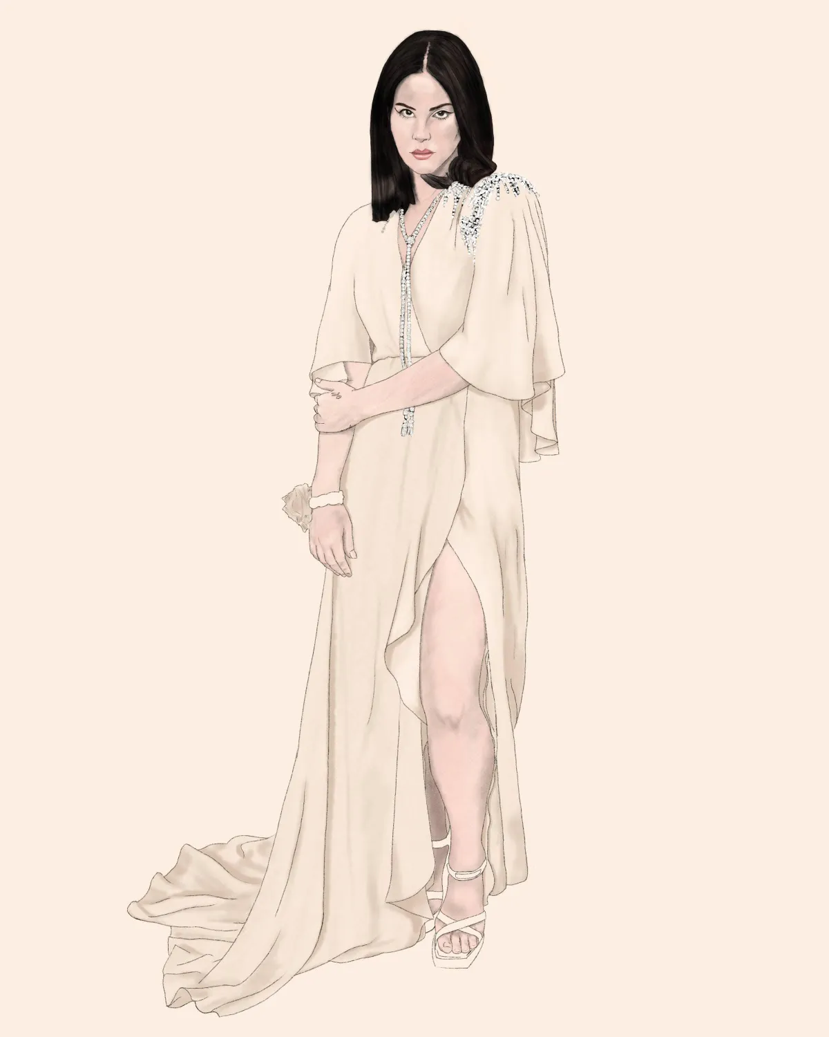 Delicate digital illustration of musician Lana Del Rey in an elegant, flowing dress with soft details and a neutral background. The subtle shading and refined line work convey a graceful, ethereal quality, highlighting Drake Nix’s skill in capturing elegance and poise in portrait illustration.