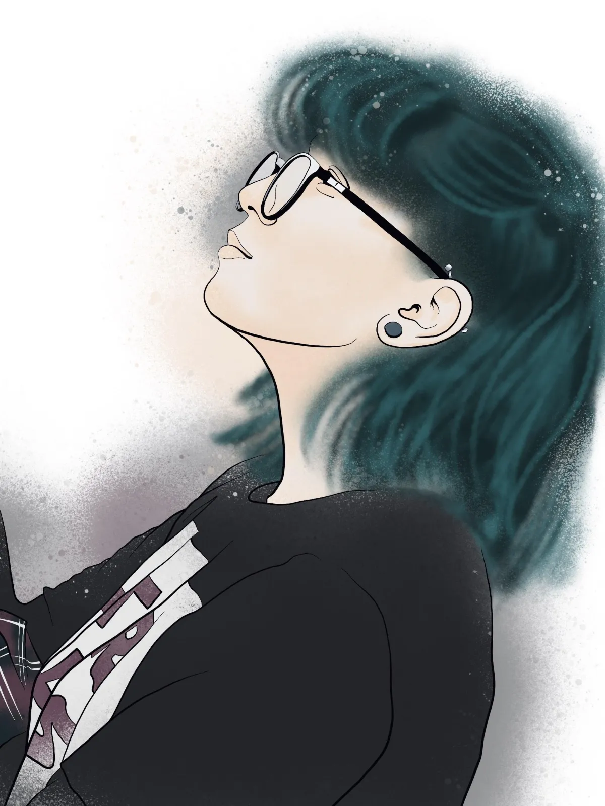 A digital illustration of a woman in profile, facing upward with closed eyes, exuding a calm and reflective mood. She has short, dark teal hair with soft highlights, adding depth and texture to the illustration. She wears round glasses and an earring, along with a heart tattoo on her ear. Her outfit includes a dark shirt with a graphic design, likely a band logo or artwork. The illustration has a light, speckled texture around her head, blending her figure gently into the background. The overall atmosphere suggests contemplation and a sense of peace.