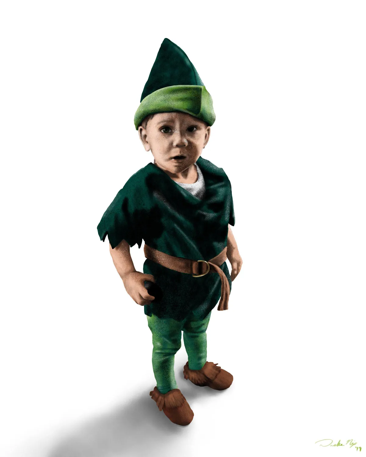 A young child dressed as Peter Pan in a green outfit, brown belt, and pointed hat, standing with a curious expression.