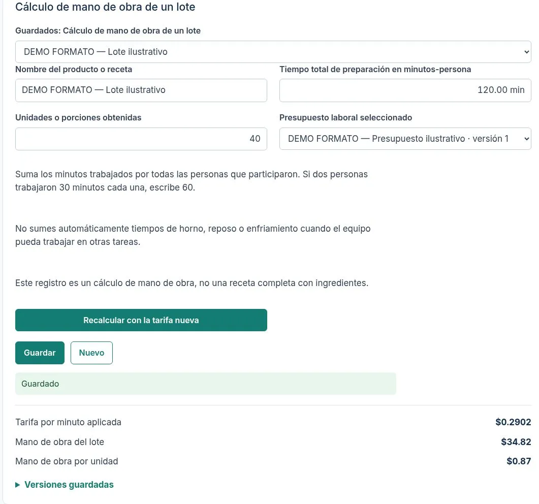 Ejemplo ilustrativo — mano de obra por lote: $34.82 y $0.87 por porción