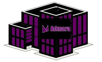 Stilisierte isometrische Grafik des Firmensitzes von Admara, charakterisiert durch das Firmenlogo an der Fassade des Gebäudes in markantem Lila, repräsentiert das Unternehmensbranding und die Präsenz.