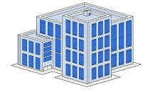 Isometrische Darstellung eines modernen Bürogebäudes in Blautönen mit klaren Linien und einer strukturierten Fassade, die für ein zeitgemäßes Unternehmensimage steht