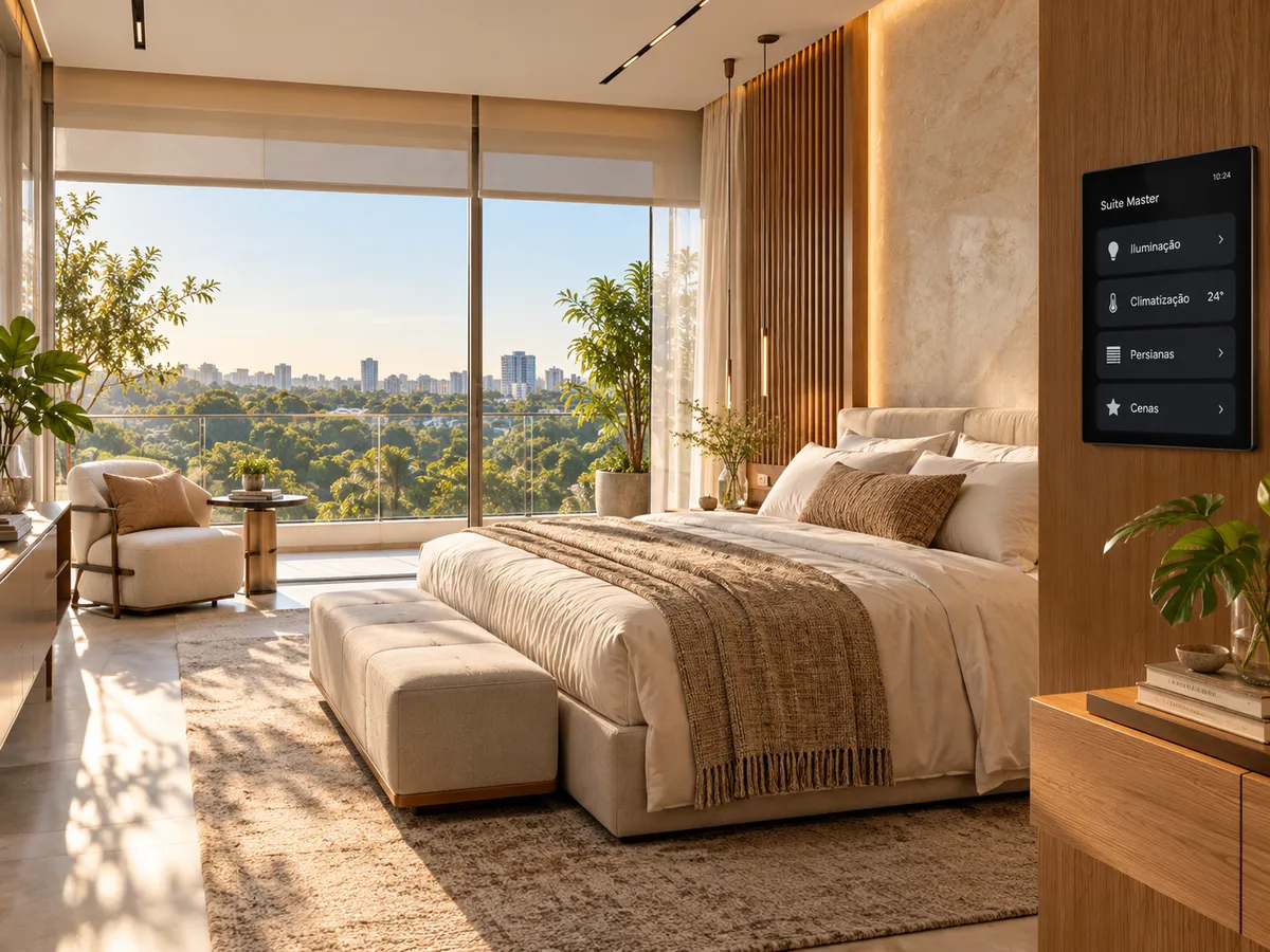 Integração arquitetônica de áudio e iluminação invisível em living contemporâneo