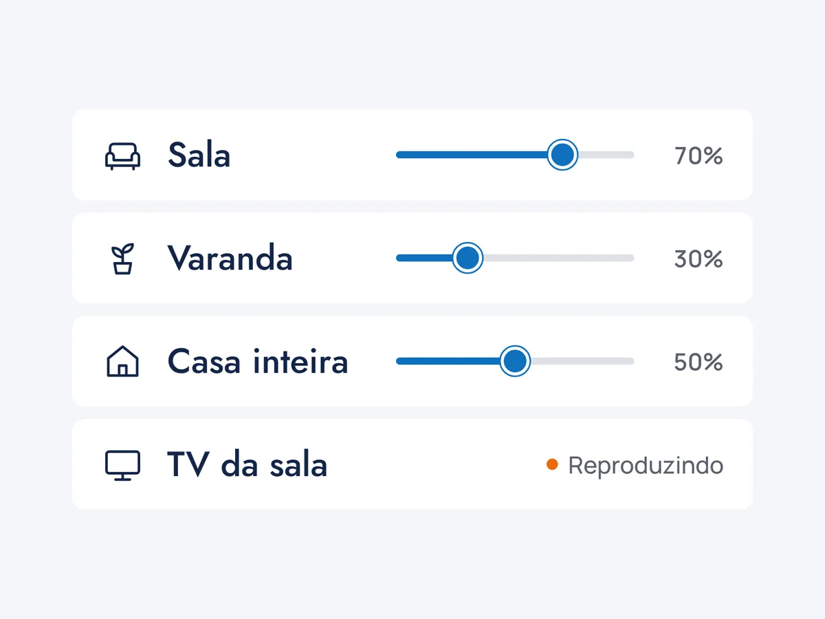 Som por ambiente: Sala 70%, Varanda 30%, Casa inteira 50%, TV da sala reproduzindo
