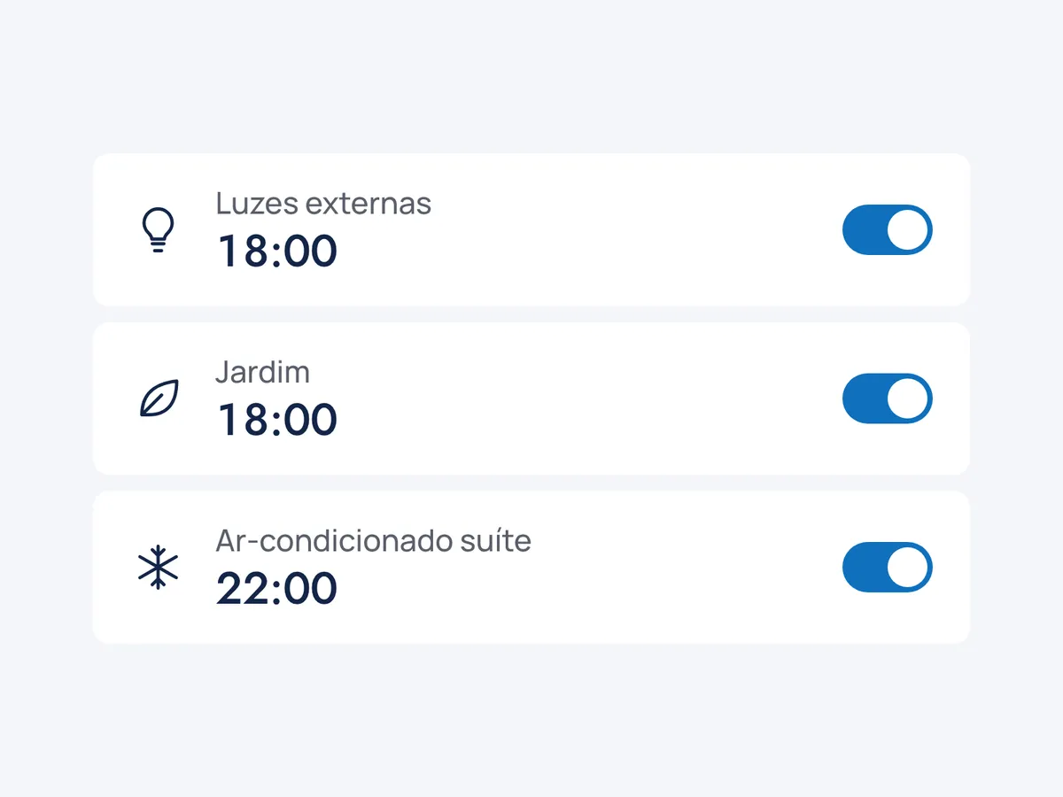 Horários programados: luzes externas e jardim às 18:00, ar-condicionado da suíte às 22:00