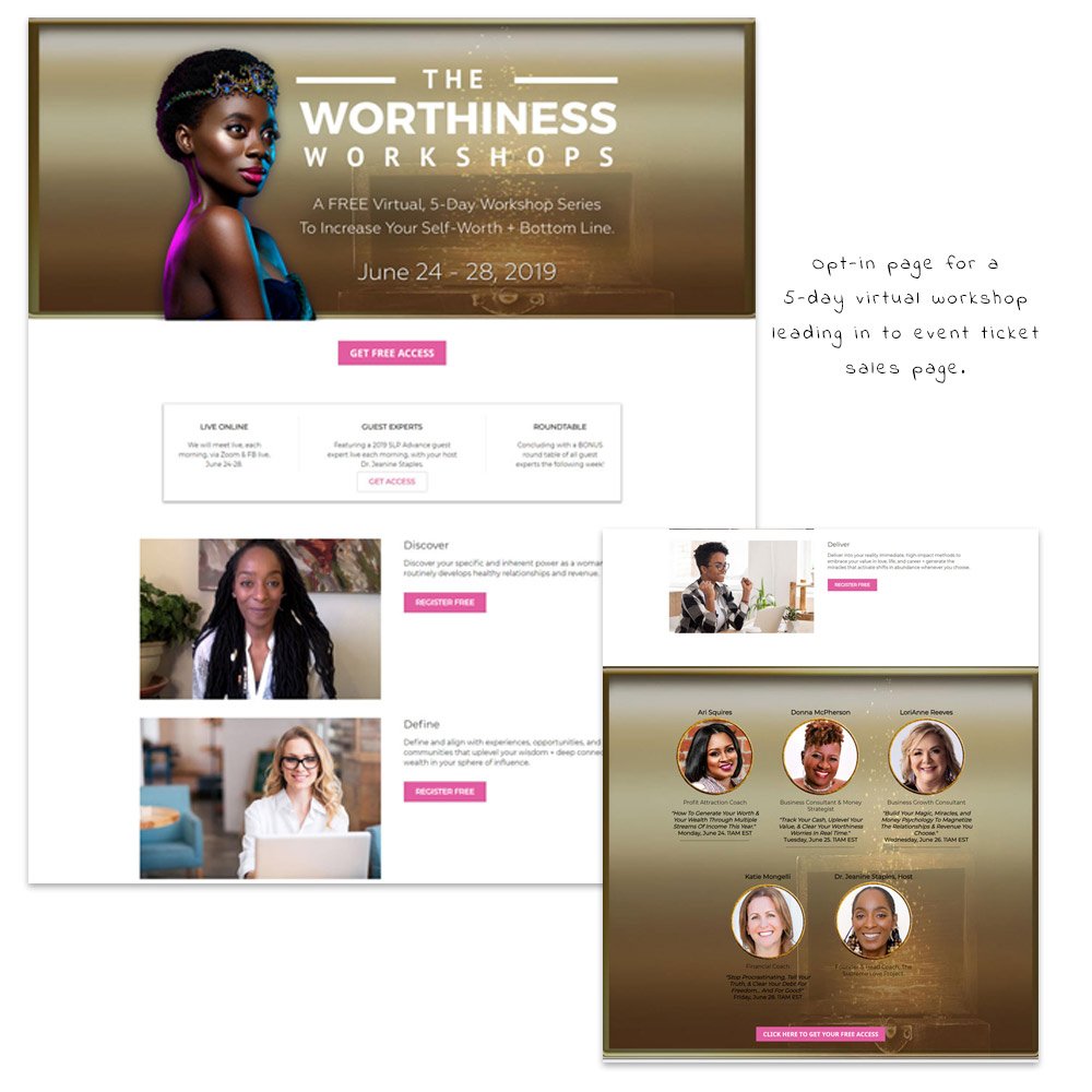 Opt in page for a 5-day virtual workshop leading to event ticket sales page