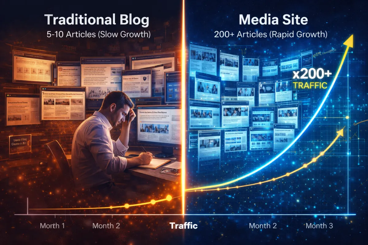 Media site traffic growth showing 1,000-15,000 visitors from day one with AI-generated content