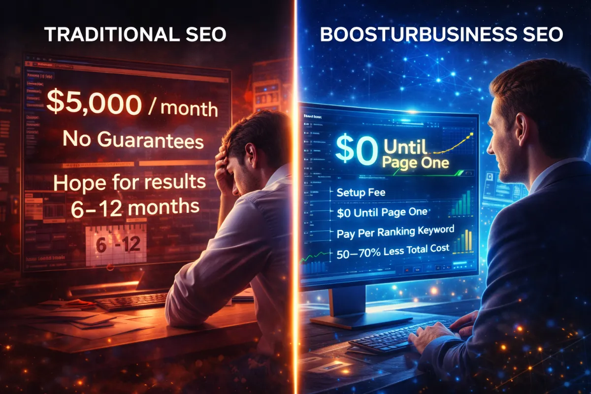 Performance-based SEO pricing comparison showing BoosterBusiness advantage