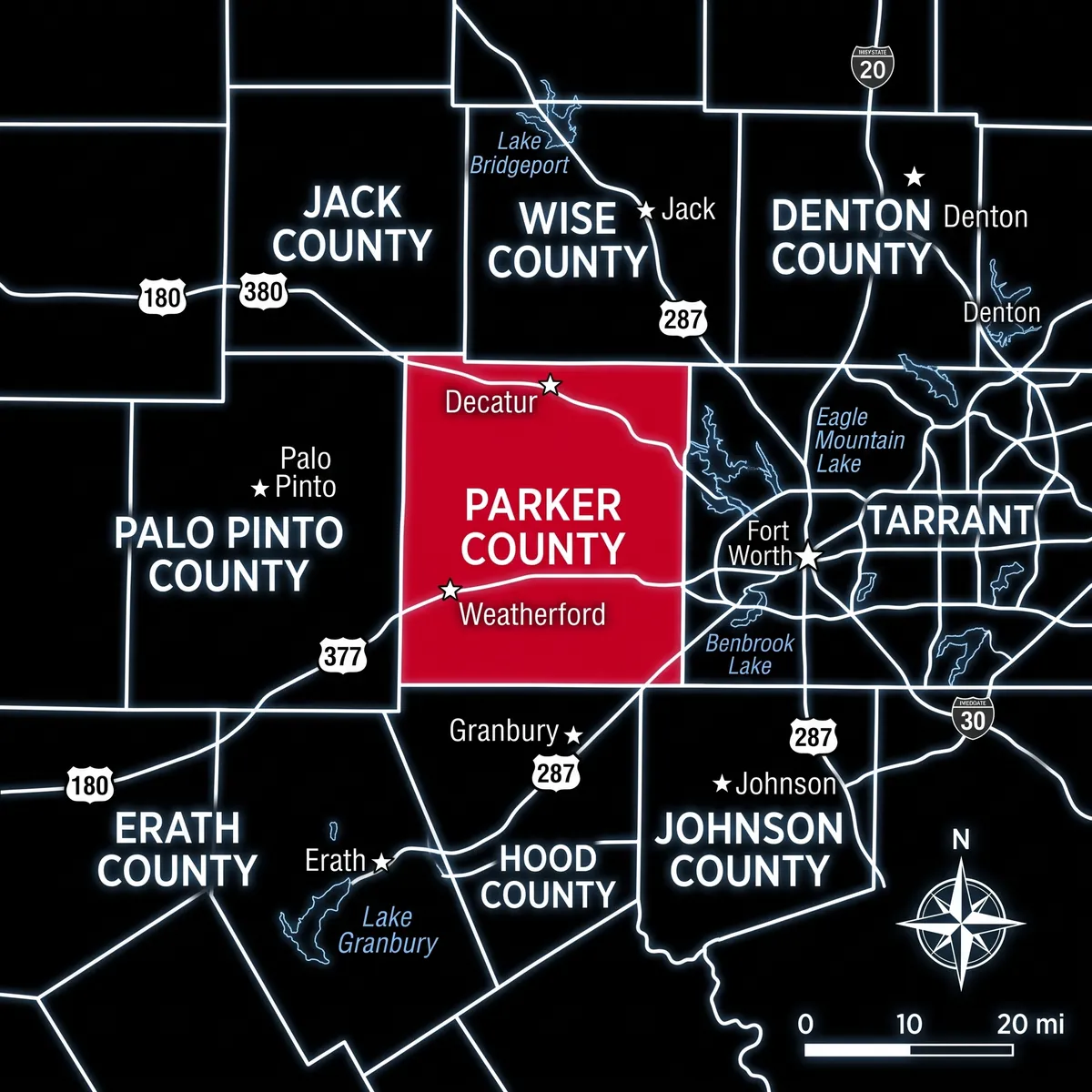 Stylized geometric map graphic showing Texas counties around Weatherford, with Parker County highlighted in red and surrounding counties in black and gray