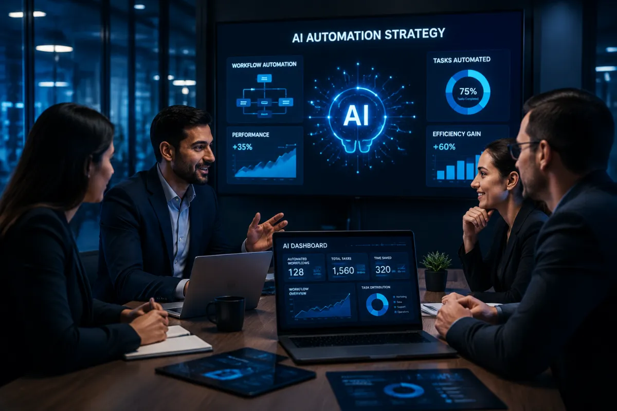 AI automation strategy meeting with business team using intelligent AI systems