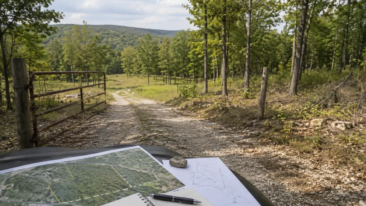 Gravel access road entering wooded Arkansas land, with parcel maps and boundary documents spread across a vehicle hood.