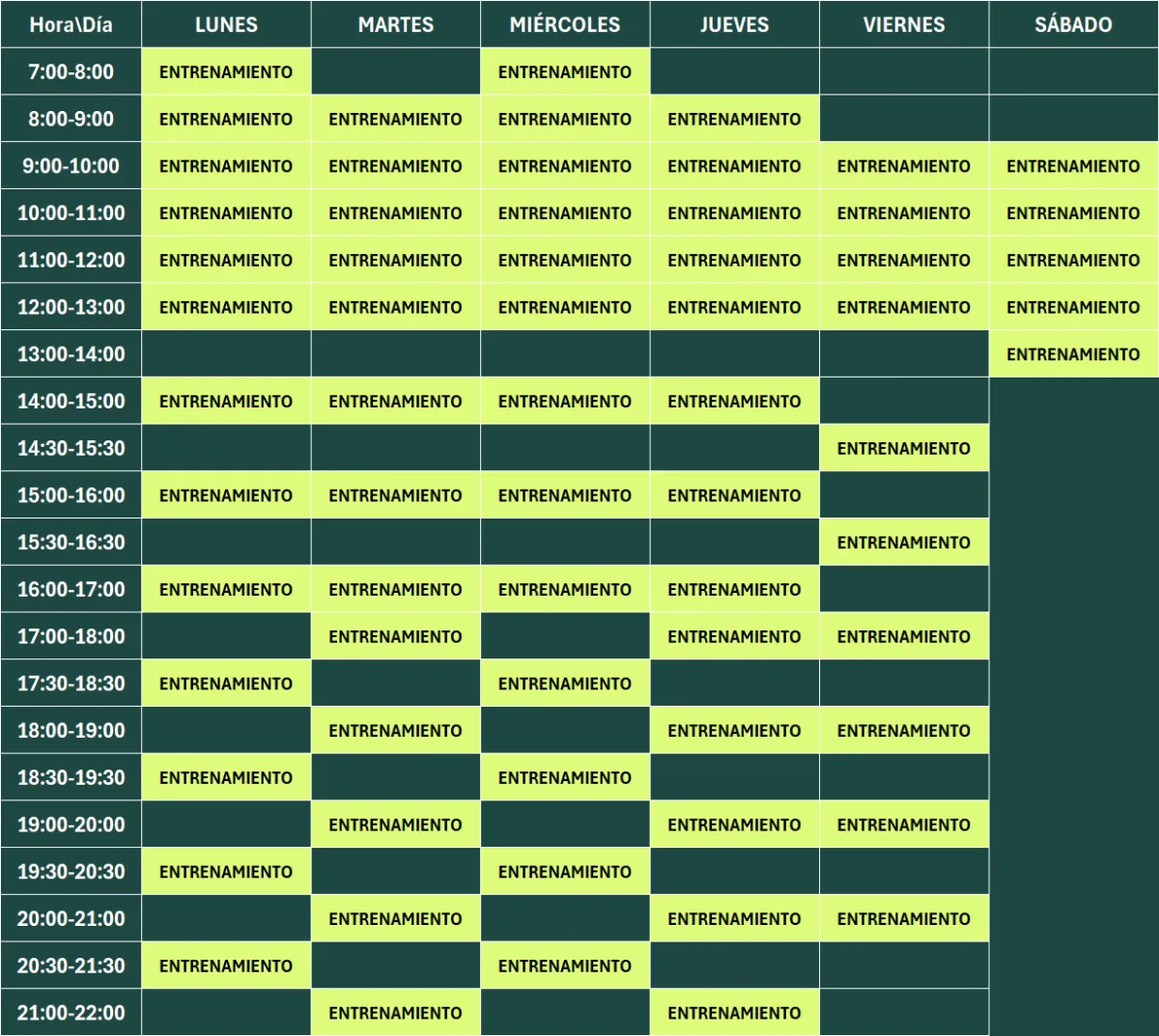 tabla con horario de clases del centro