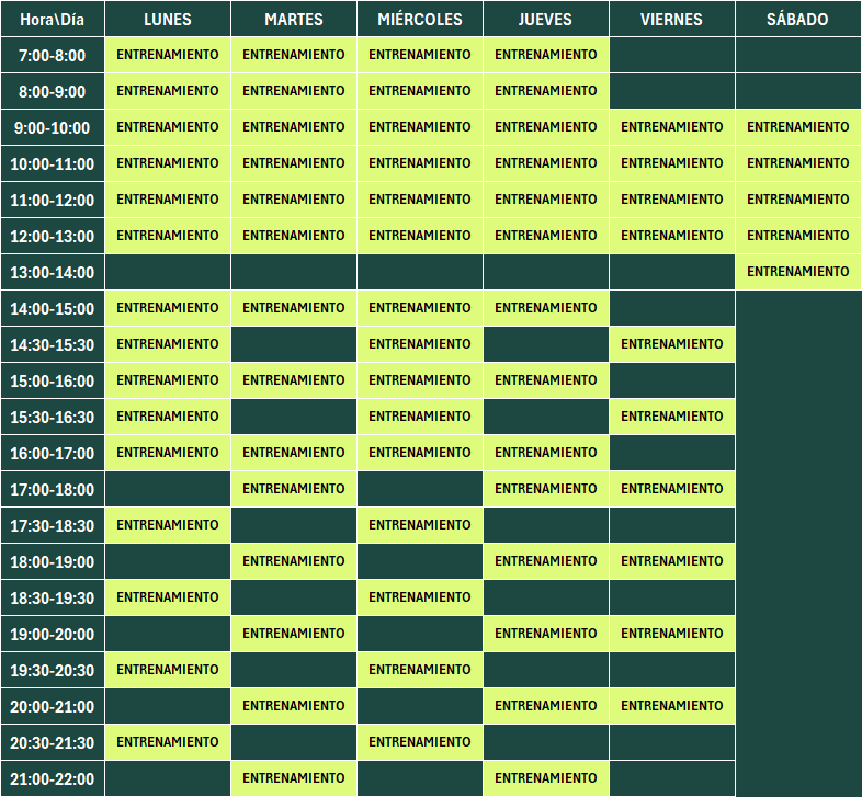 tabla con horario de clases del centro
