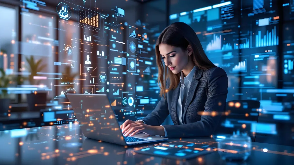 Women working in an office with Ai icons in blue lights