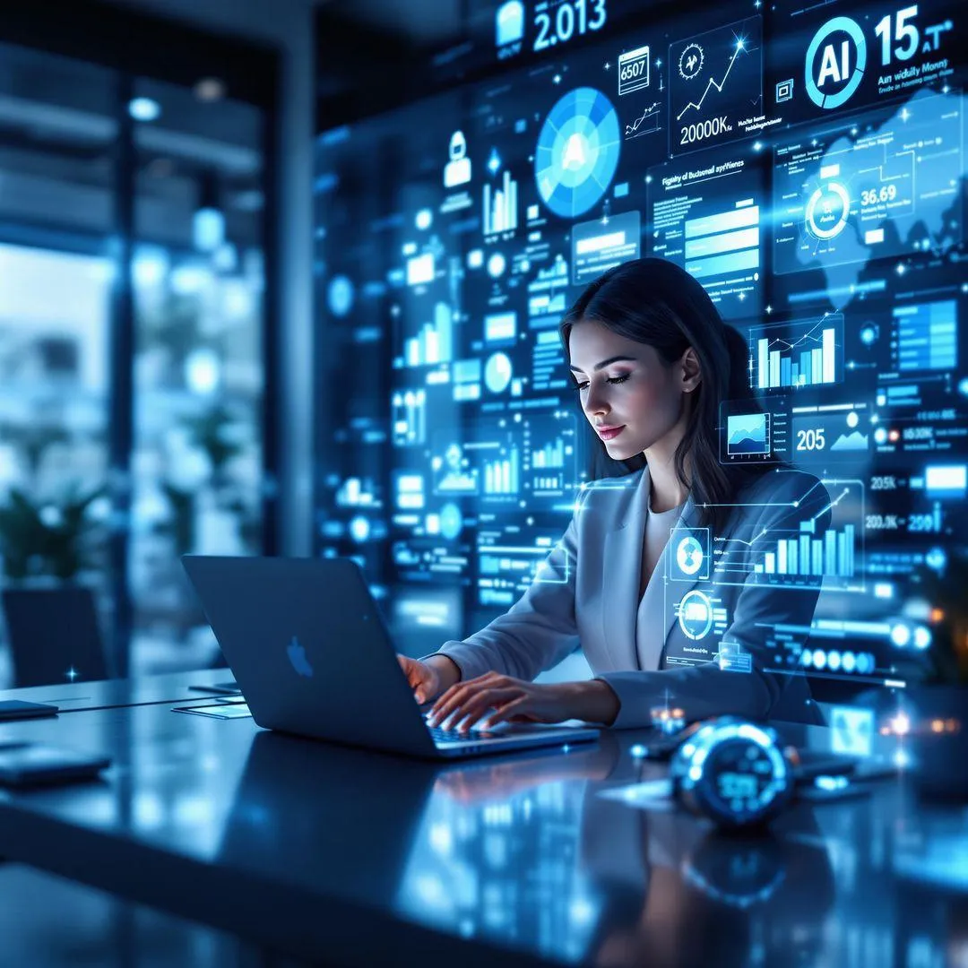 Women in dark office with a blue hue of electronics